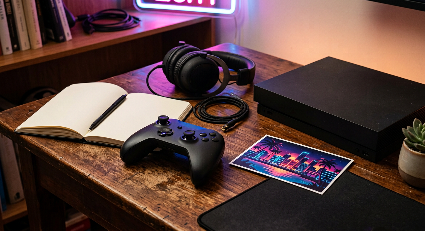 GTA 6 Lucia latest news fan guide with a controller, notebook, headset, and neon city artwork.