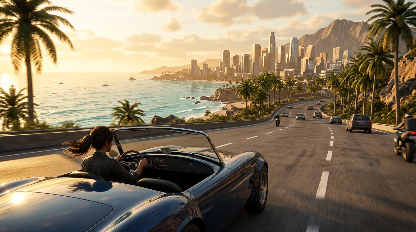 GTA 6 Lucia gameplay-inspired original female protagonist driving a convertible beside a tropical coastal city.