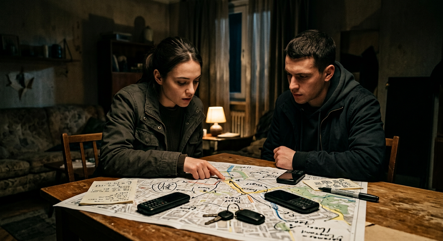 GTA 6 Lucia gameplay-inspired original criminal duo planning a mission with a map and car keys.