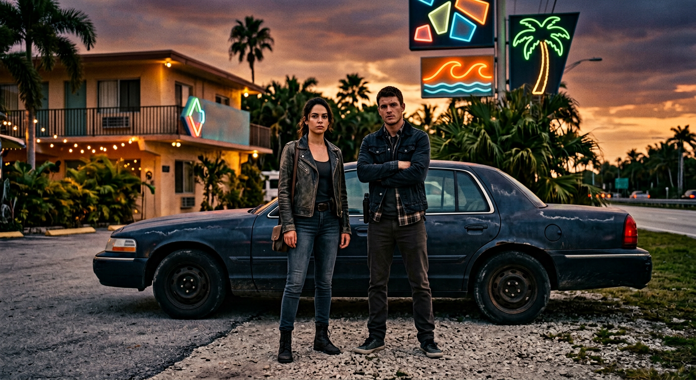 GTA 6 Lucia and Jason-inspired original criminal duo standing beside a car at a tropical motel.