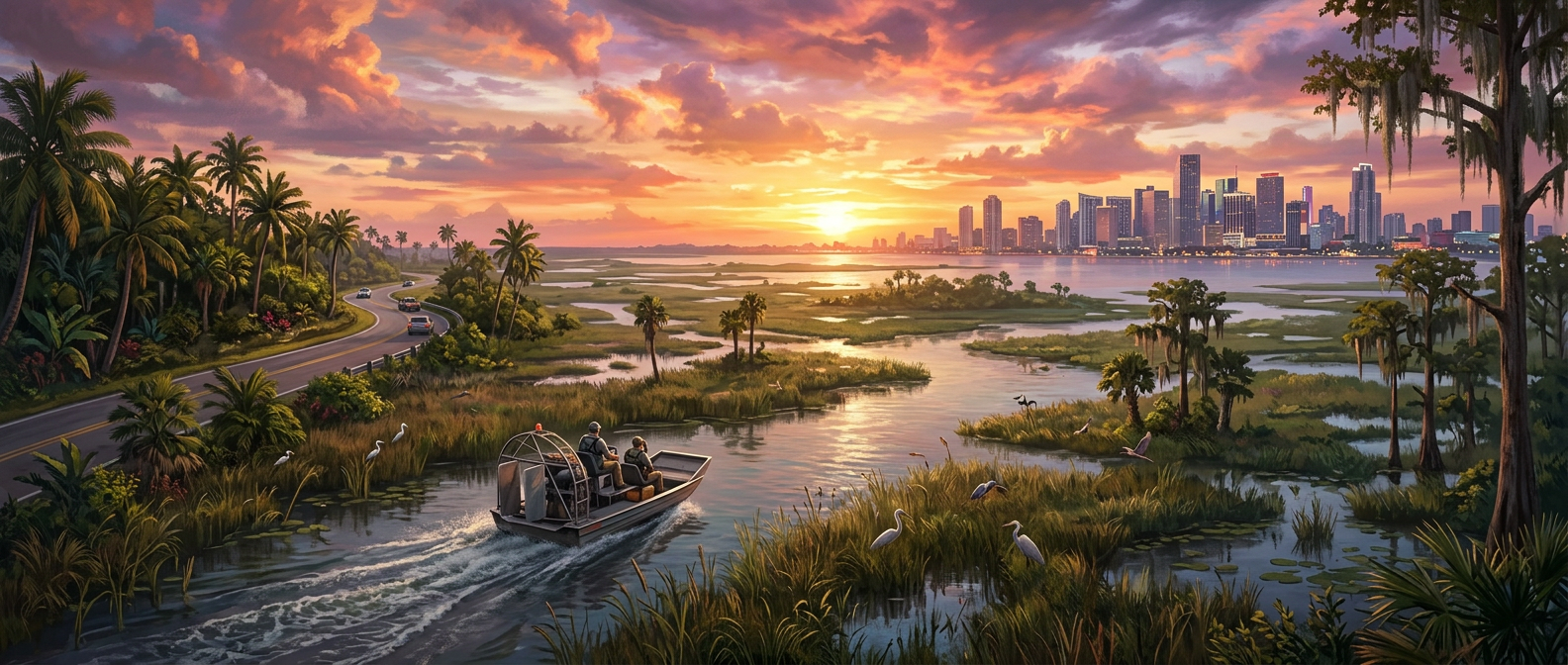 GTA 6 Leonida-inspired original open-world landscape with wetlands, a coastal road, boats, and a distant city.