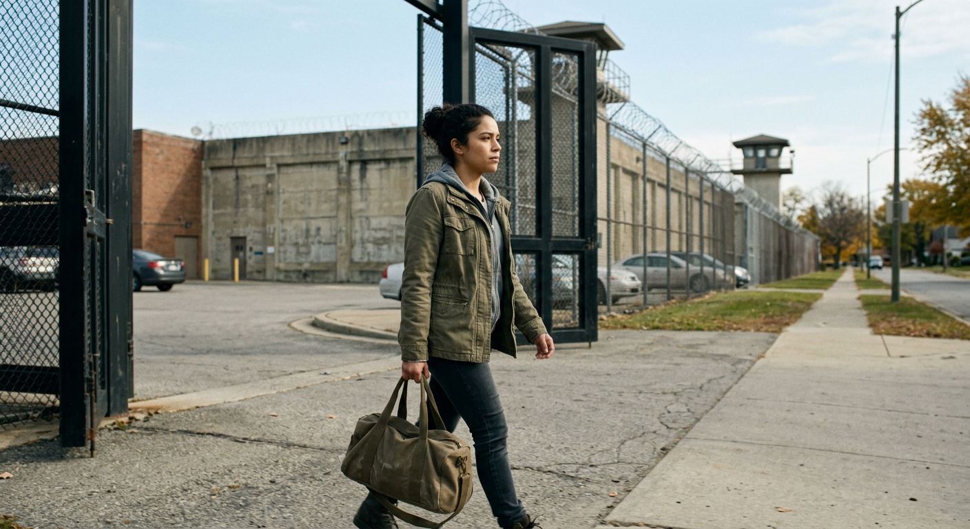 GTA 6 Lucia background-inspired image of an original woman leaving a state correctional facility.