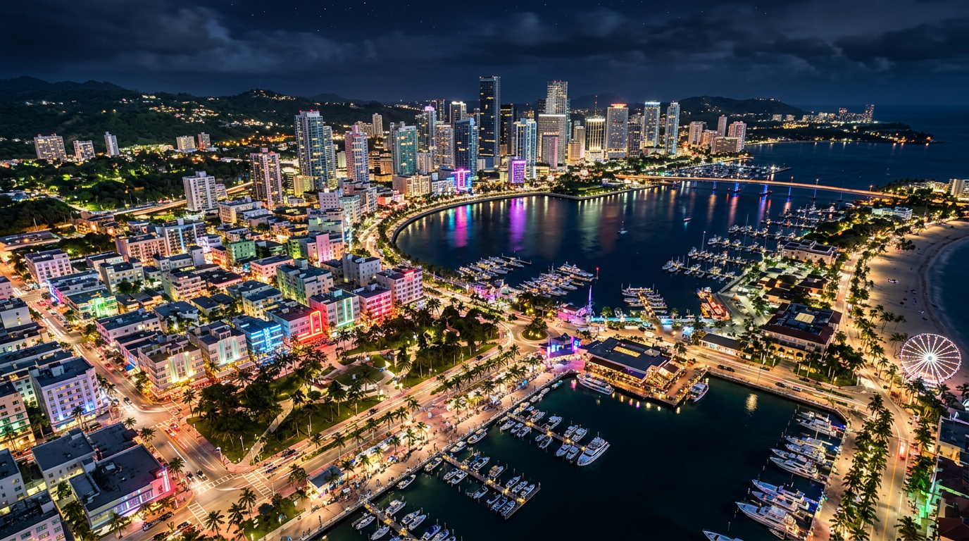 GTA 6 Vice City-inspired original neon tropical skyline with water and palm-lined streets at night.