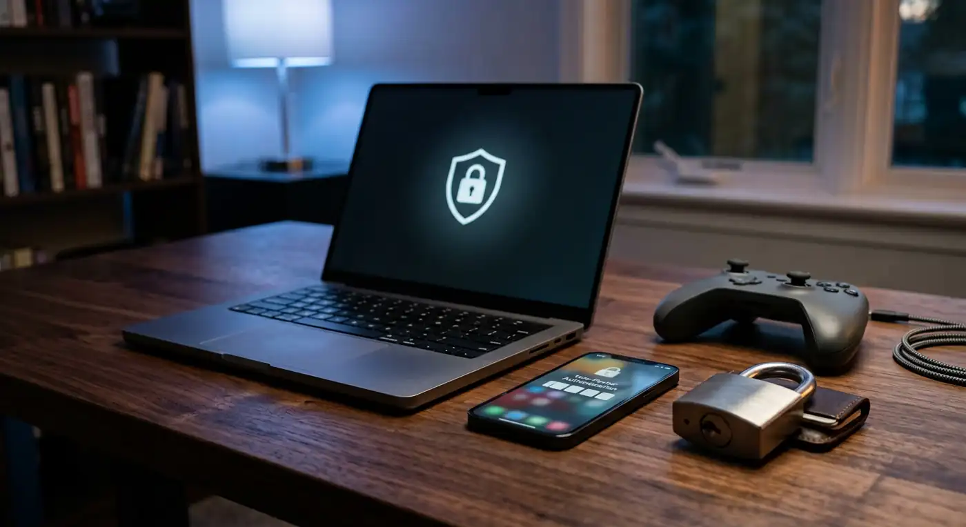 Fortnite Tracker safety concept with a controller, secure laptop, lock, and shield