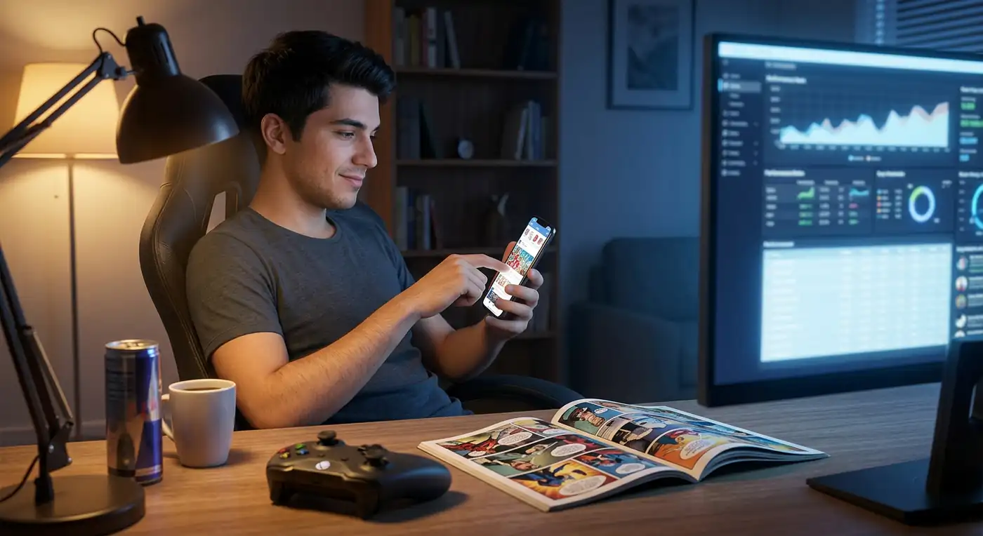 Fortnite Tracker improvement plan with gamer notes, controller, and performance review screen