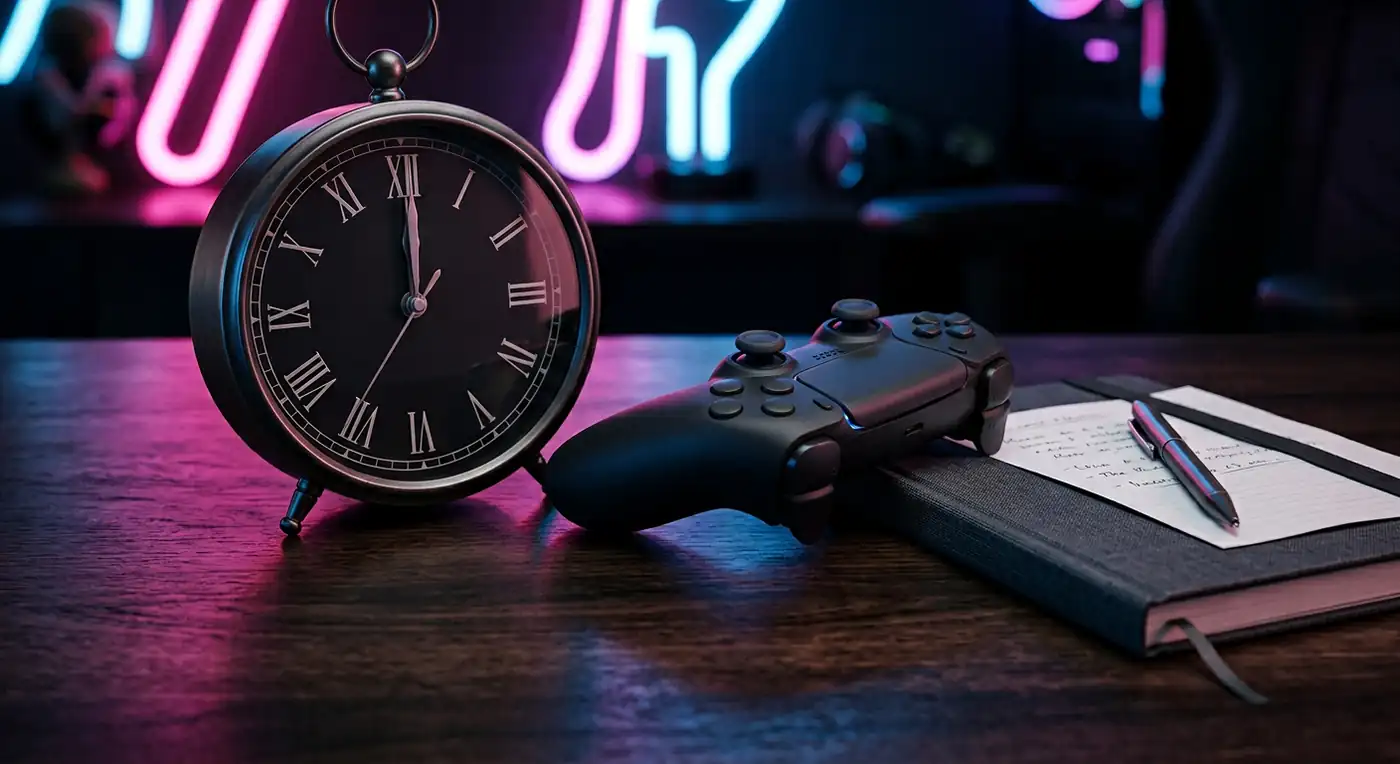 GTA 6 Extended Look release time guide — a clock beside a game controller under neon lighting representing the August 27 Netflix and YouTube schedule
