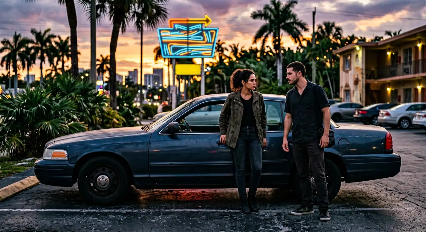 GTA 6 Jason and Lucia story concept — an original criminal duo standing beside a car in a tropical city at sunset, representing GTA VI's two central protagonists