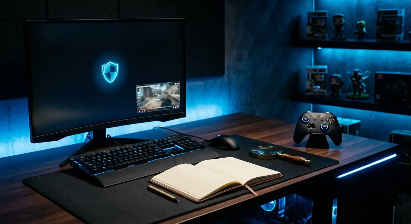 GTA 6 Extended Look fact-checking guide — a gaming controller, magnifying glass, notebook, and security shield representing how to verify GTA 6 news before August 27