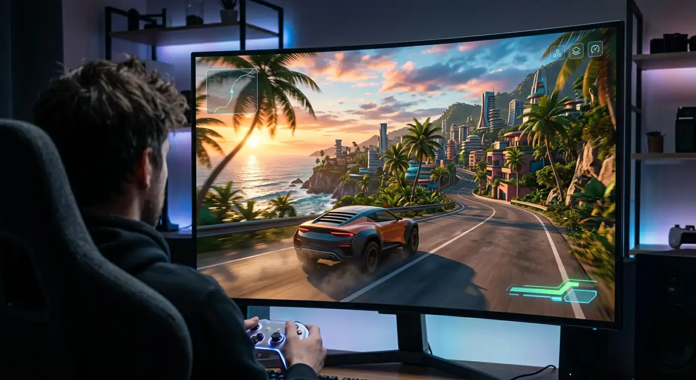GTA 6 gameplay expectation concept — a gamer watching a fictional tropical open world on screen, representing hopeful Extended Look gameplay footage
