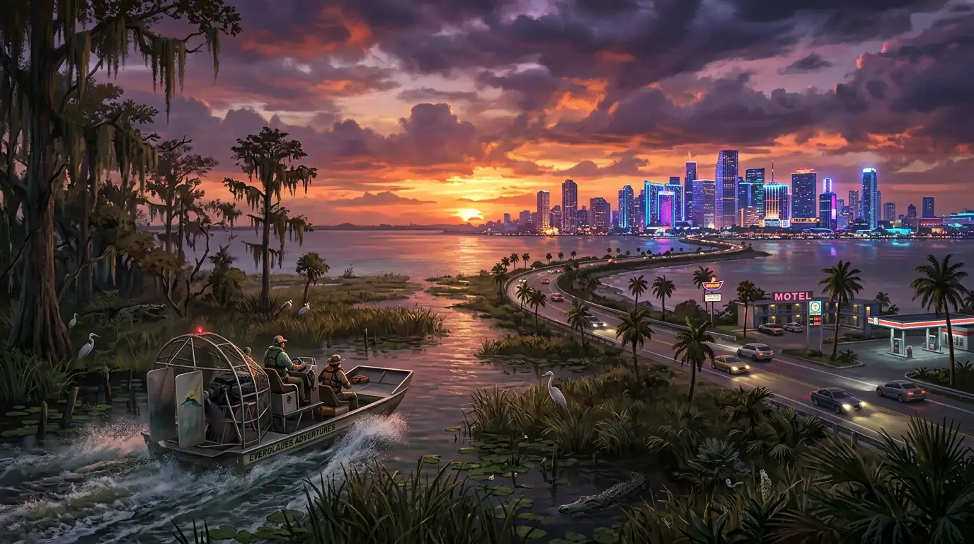 GTA 6 Leonida-inspired open world — original wetlands with an airboat, coastal road, distant city, and sunset sky representing the fictional Florida-inspired state