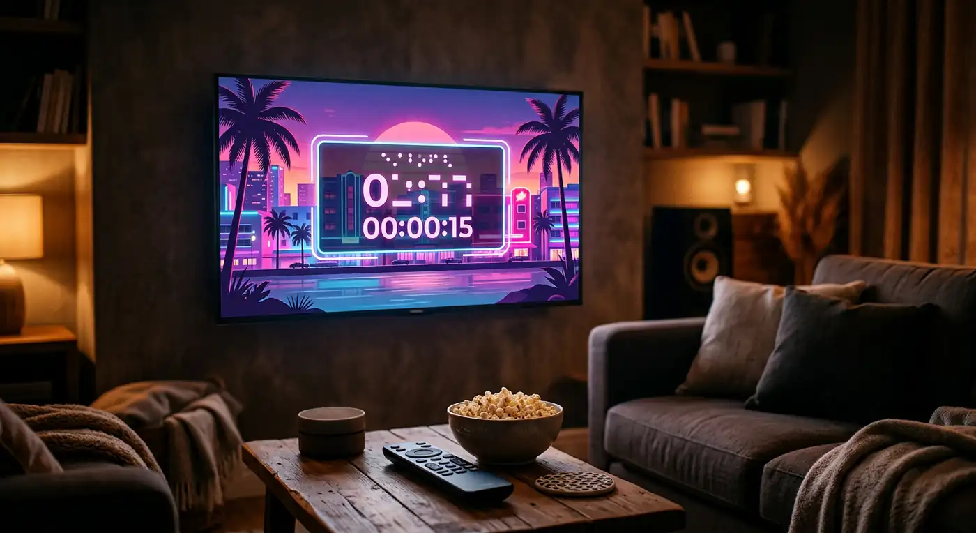 GTA 6 Extended Look Netflix premiere concept — a television with a remote control showing a neon tropical city, representing the August 27 exclusive streaming window
