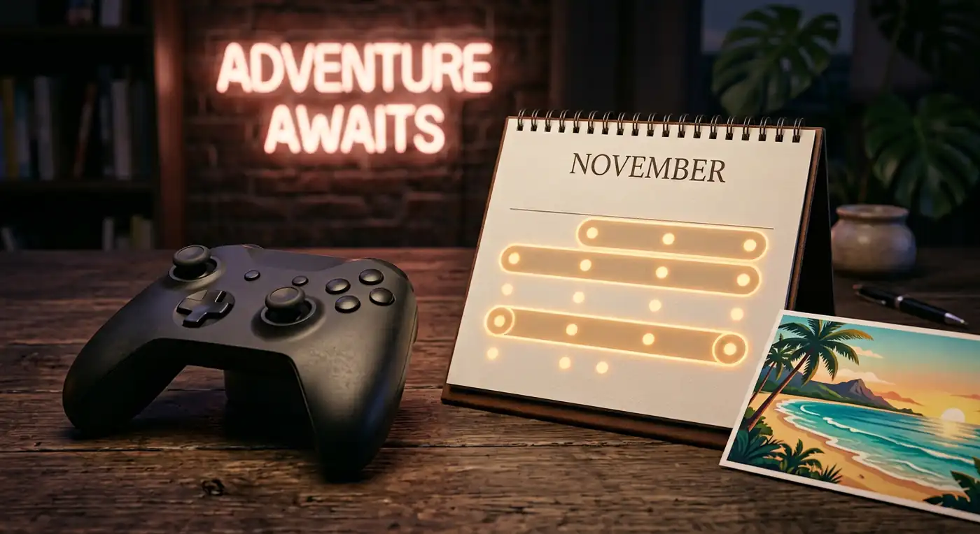 GTA 6 release date concept — a game controller, calendar, and tropical postcard under neon lighting representing the November 19, 2026 launch countdown