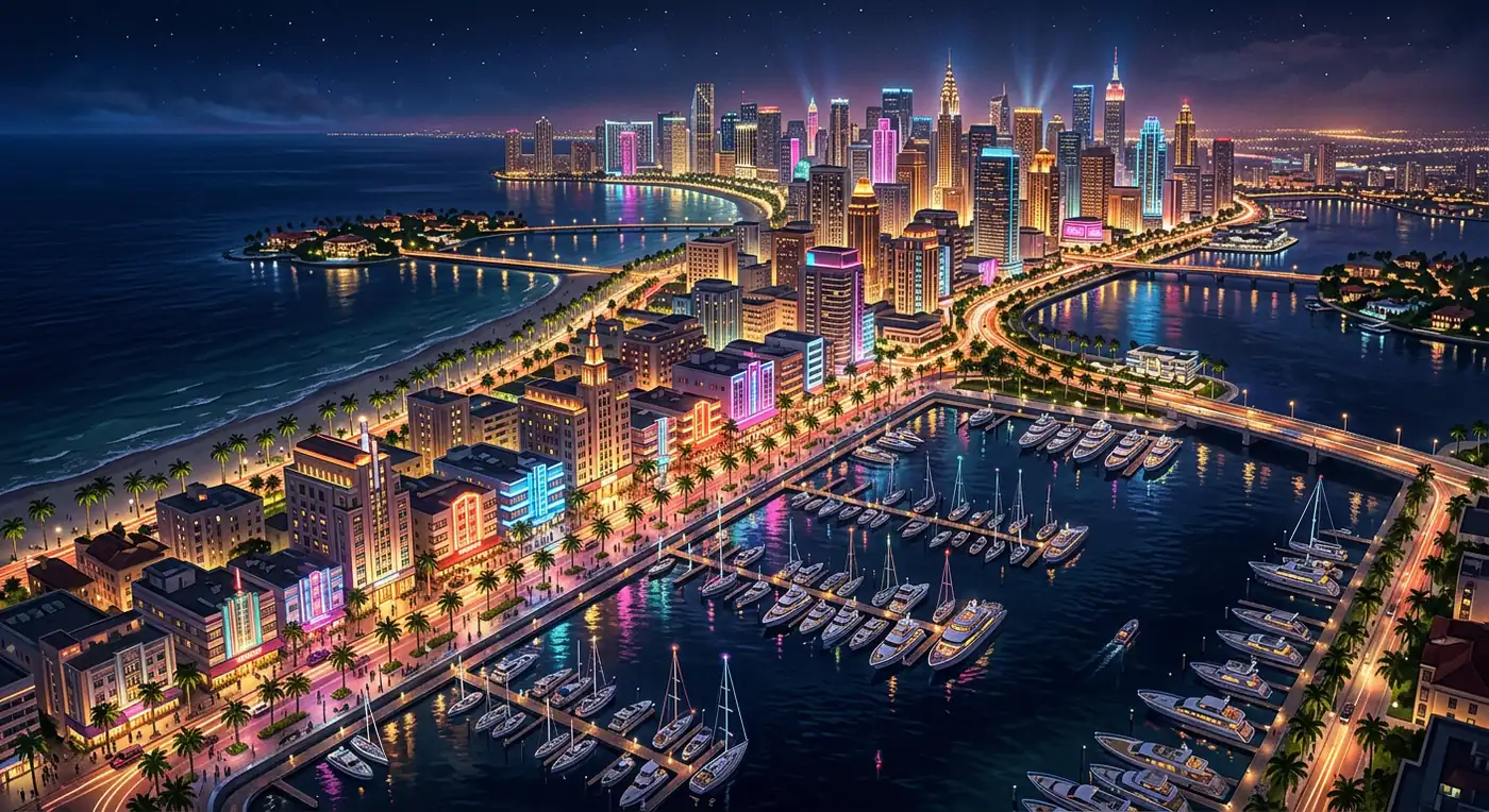 GTA 6 Vice City-inspired original waterfront skyline — neon lights, palm trees, boats, and art deco buildings representing GTA VI's fictional Leonida setting