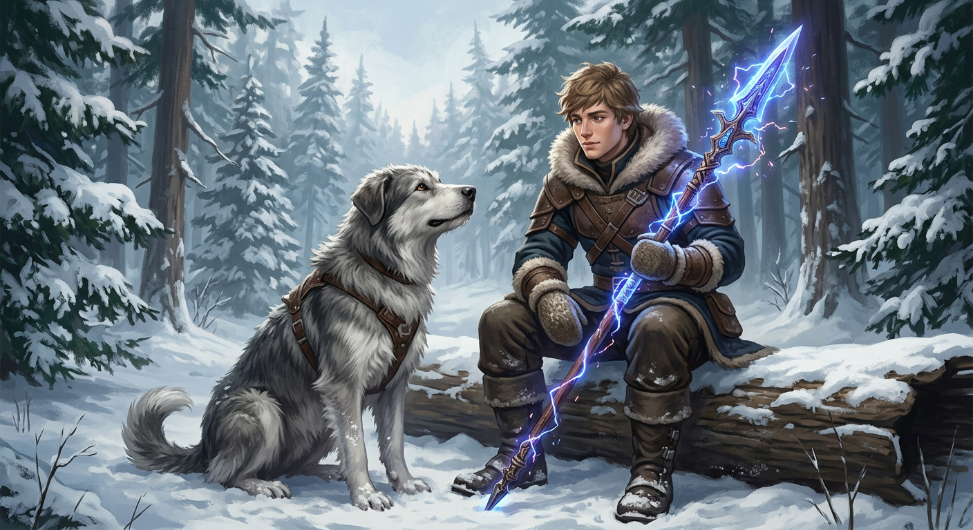 Genshin Impact new character Alyosha-inspired original Electro polearm hunter with a hound in a snowy forest