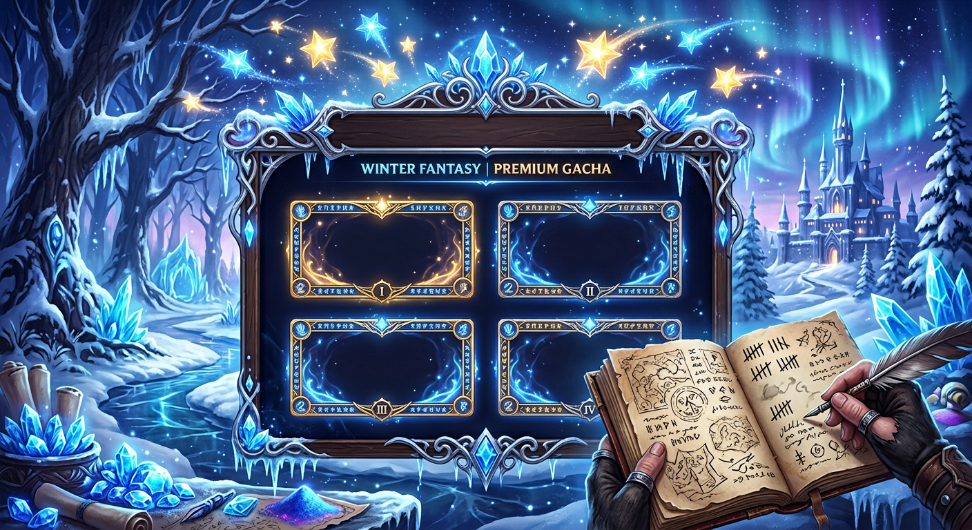 Genshin Impact 7.0 banners planning concept with glowing wishes, Primogem-like crystals, and character cards