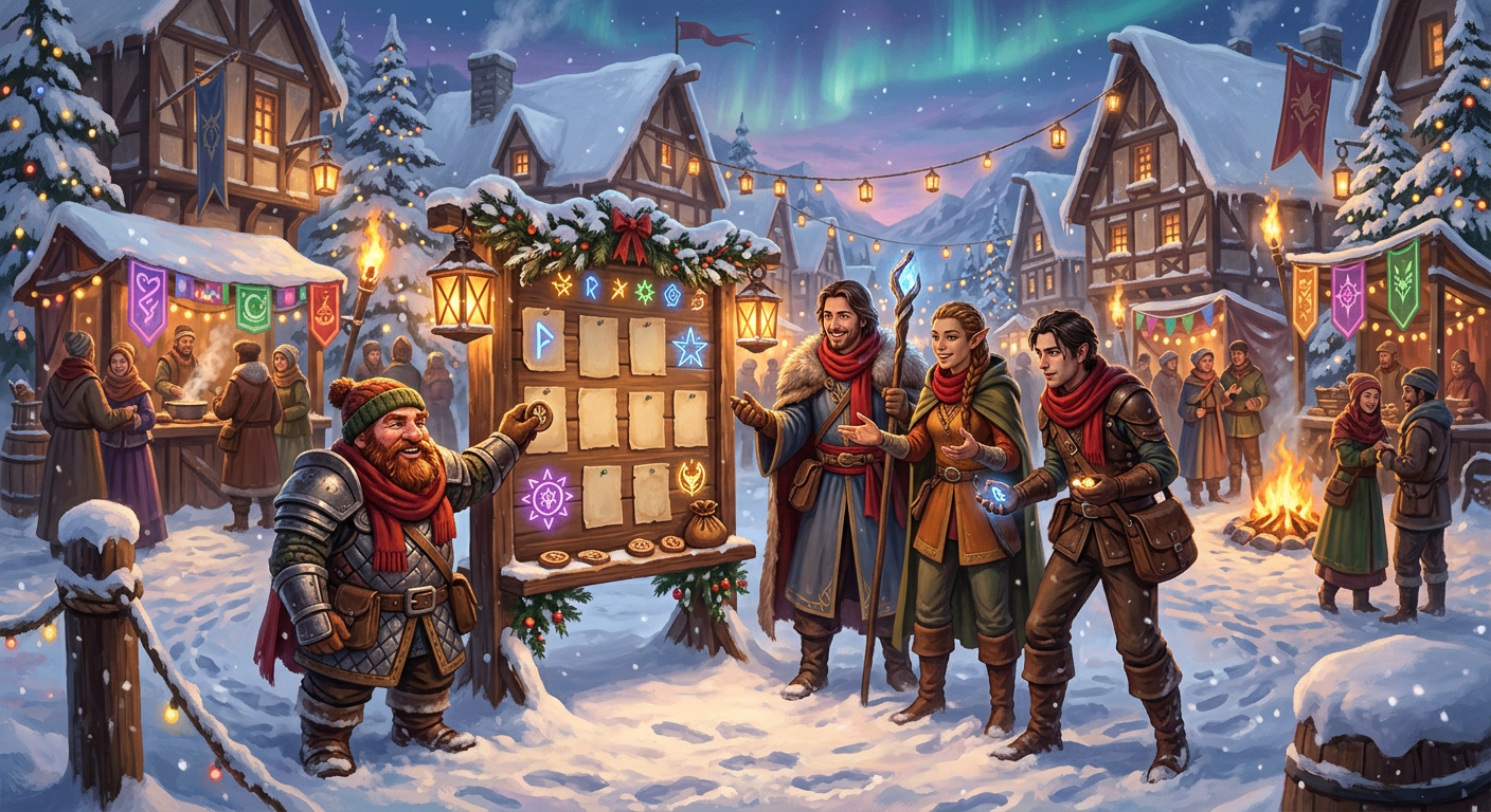 Genshin Impact 7.0 events-inspired original fantasy winter festival with lanterns and adventurers in a snowy town