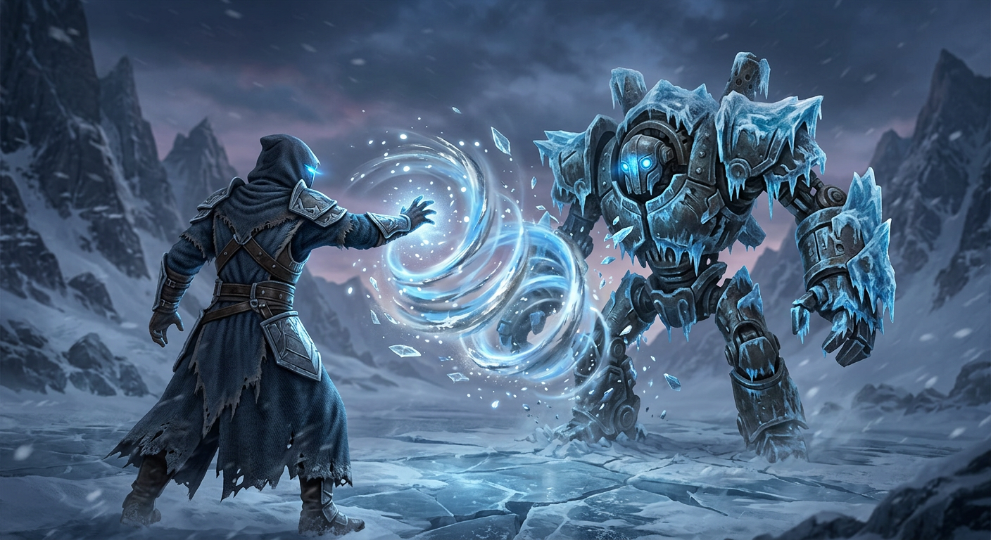 Genshin Impact 7.0 gameplay-inspired original Cryo and wind reaction battle in a frozen valley