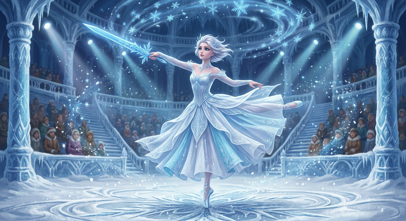 Genshin Impact new character Odette-inspired original Cryo sword ballerina on a snowy theater stage
