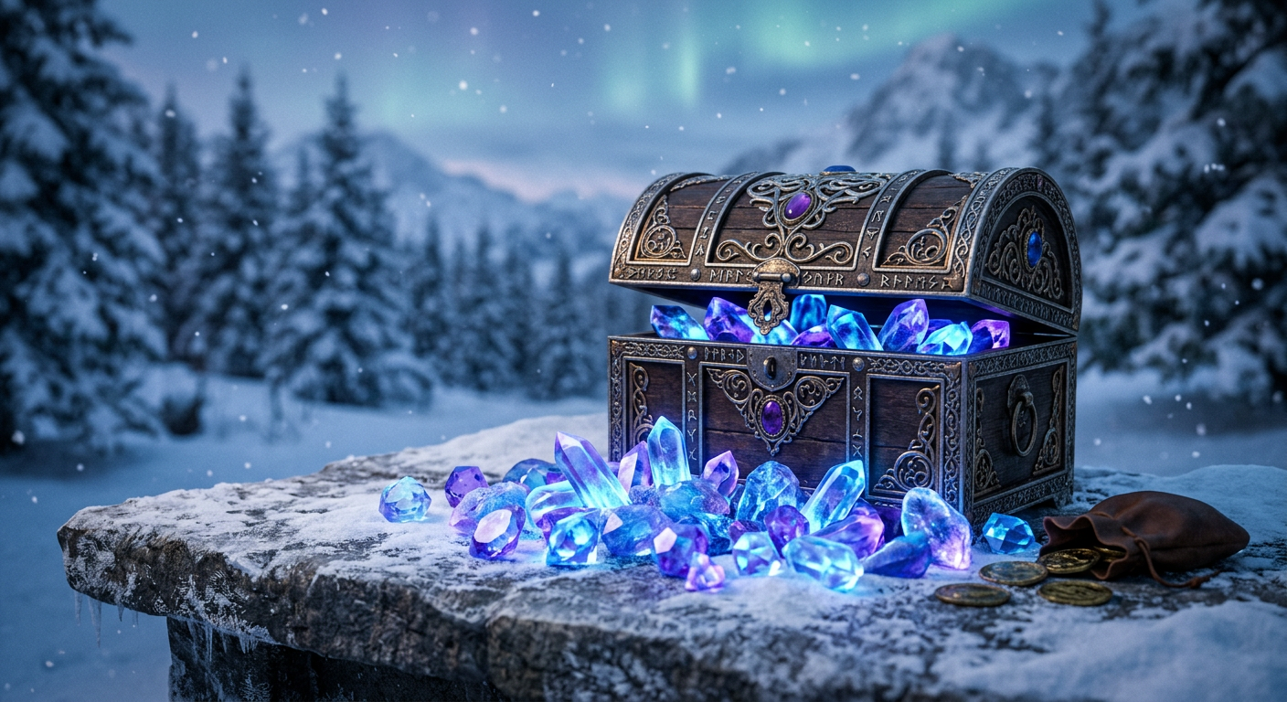 Genshin Impact codes and free Primogems-inspired original glowing crystal rewards in a chest on a snowy table
