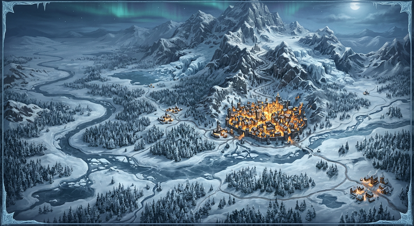 Genshin Impact Snezhnaya map-inspired original fantasy view of frozen tundra, pine forests, mountains, river, and a glowing city