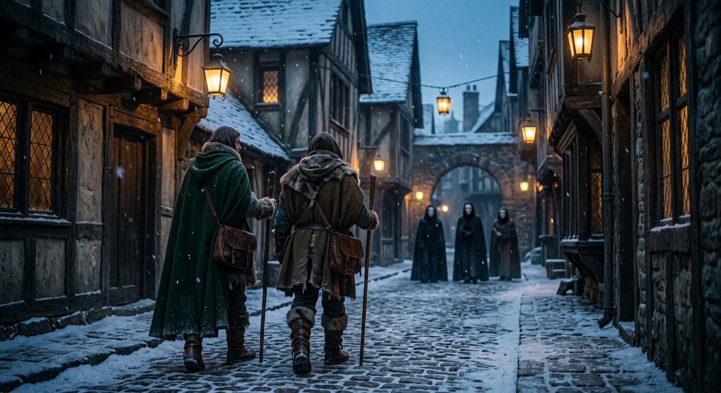Genshin Impact Snezhnaya story-inspired original travelers walking through a snowy, lantern-lit northern city