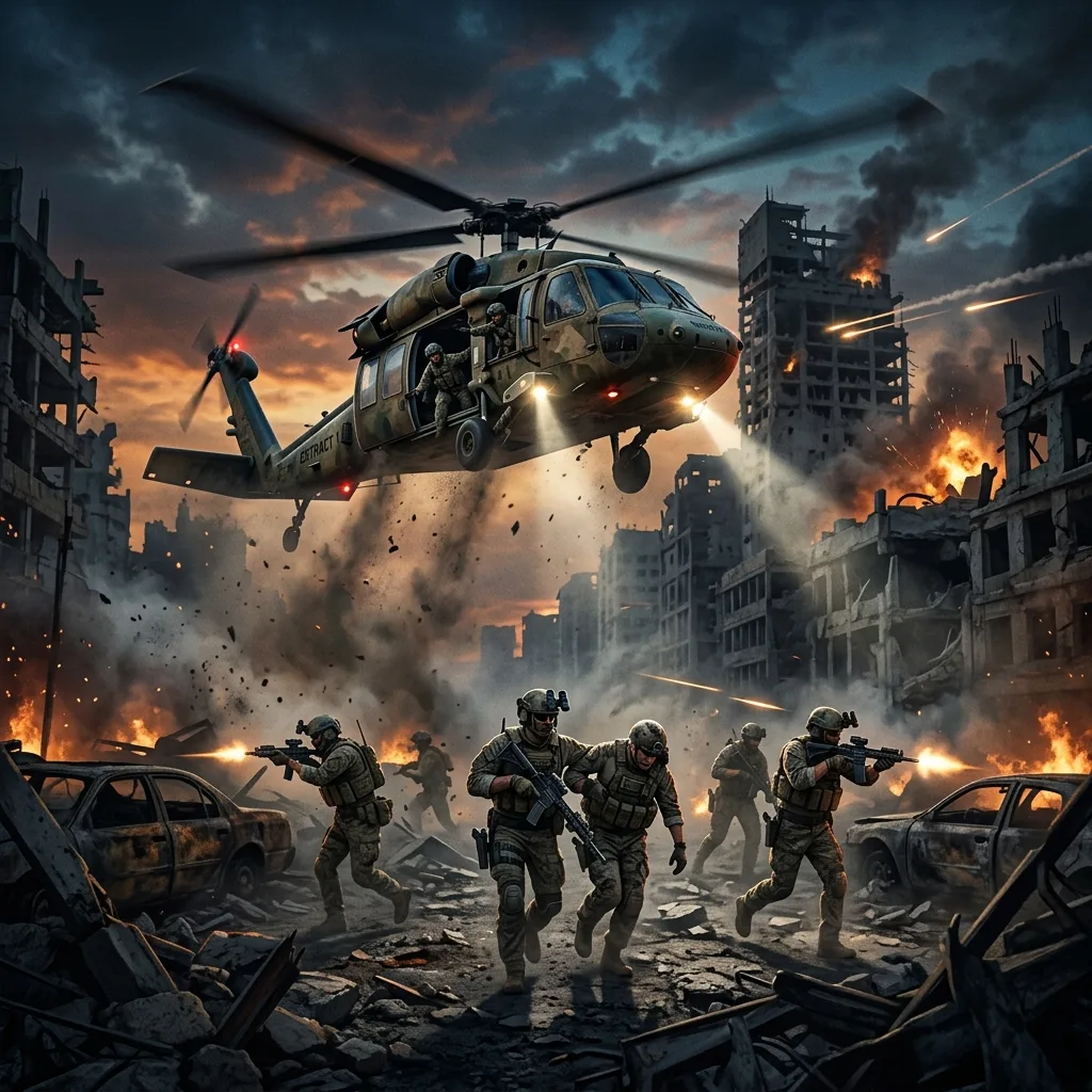 Tactical military extraction helicopter arriving in a war-torn ruined city at dusk