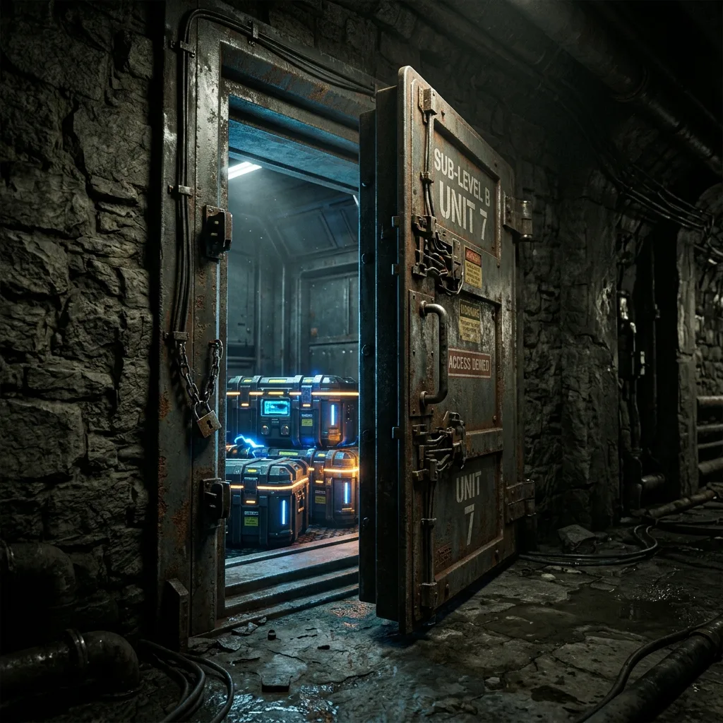 Hidden underground military basement door cracked open revealing glowing tactical loot crates