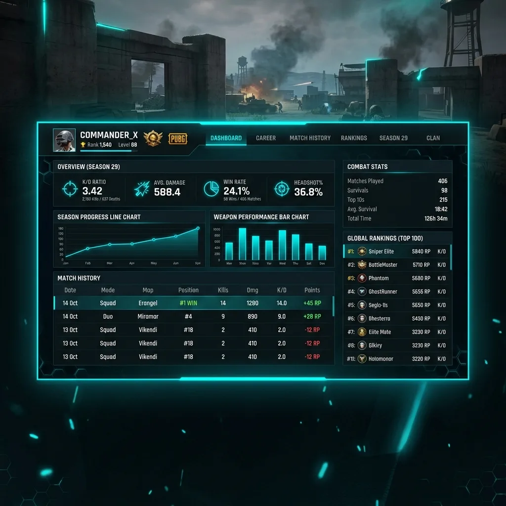 Modern digital analytics interface displaying PUBG lookup stats and win rate charts