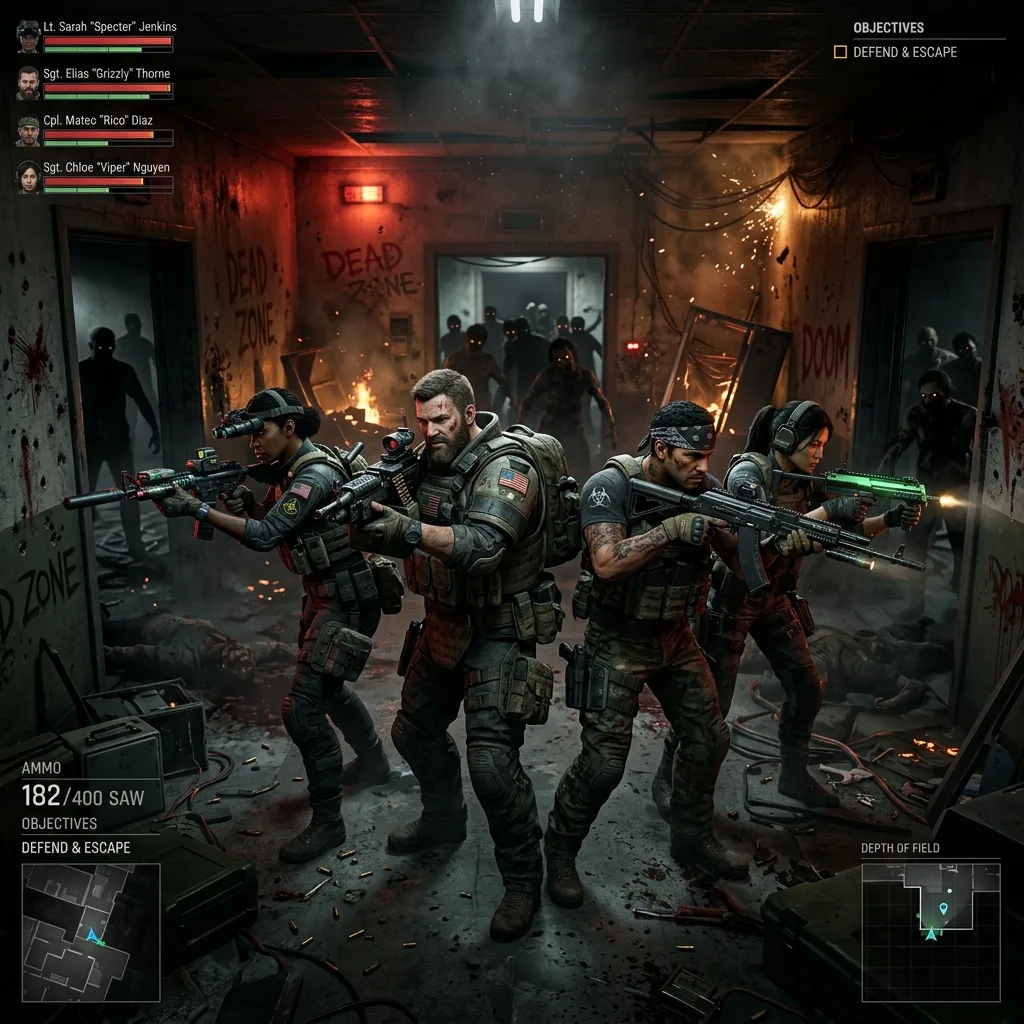 Four players cooperating in Call of Duty Black Ops 7 Zombies mode, defending against undead in a destroyed military facility