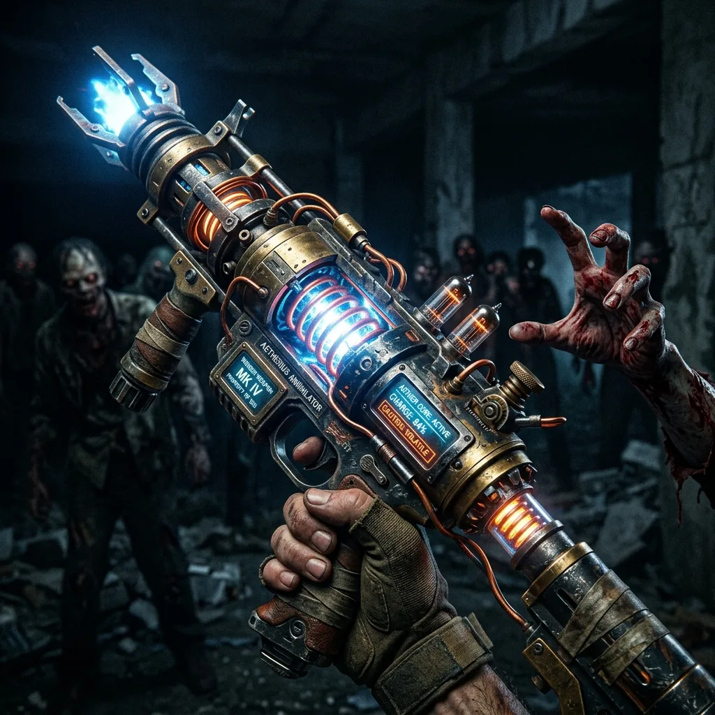 Close-up of a wonder weapon in Call of Duty Black Ops 7 Zombies, showing detailed design and atmospheric lighting with zombie silhouettes