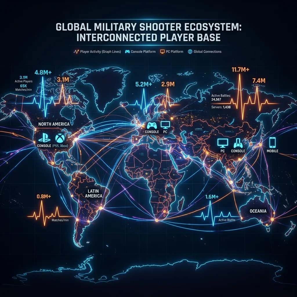 Global distribution of Call of Duty Black Ops 7 players across different platforms and regions shown through an interactive-style world map with data visualization